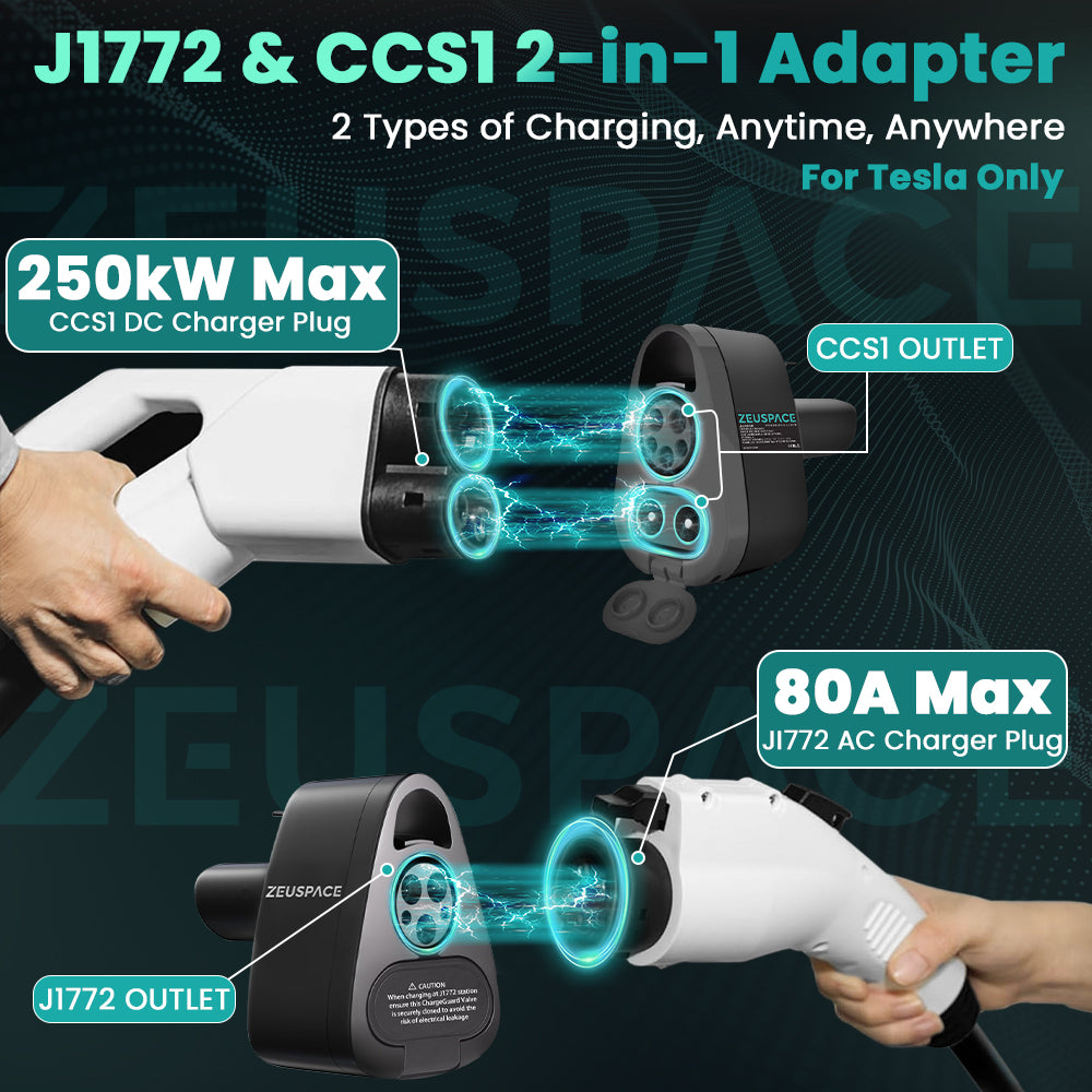 【Tesla Only】 ZEUSPACE CCS1 and J1772 Universal Accessories Charger Adapter, Enables Tesla Compatibility with DC and AC Charging Standards (2-in-1), Up to 250kW Power for Level 3 Fast Charging
