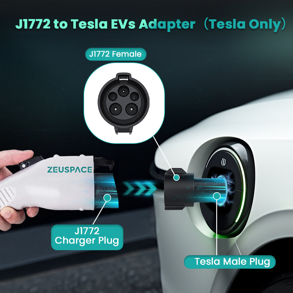 【Tesla Only】 ZEUSPACE J1772 to Tesla Charger Adapter - Ideal Tesla Accessory for 80A/240V/AC Fast Charging of Model S/3/X/Y, Compatible with J1772 Charger Stations (Level 1/2) - Secure Lock Feature